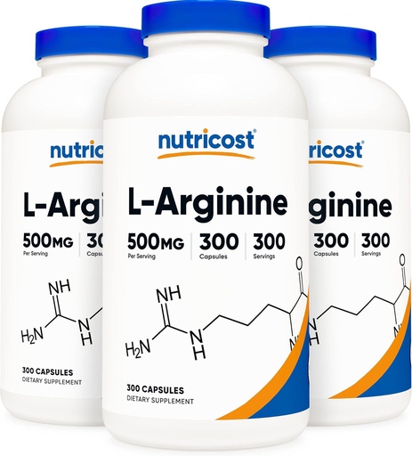 [BRSWKEI4CQAACC3Y] Nutricost L-Arginine 500mg, 300 Capsules (3 Bottles)