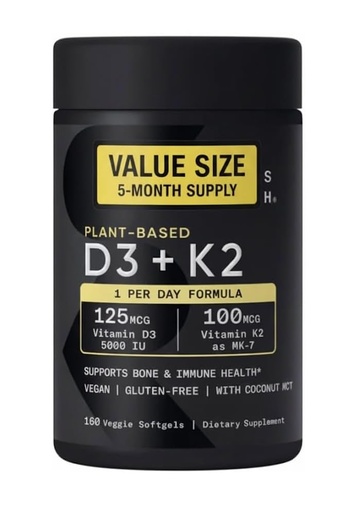 [BRSRGAD3CV6RE335] Sports Vitamin D3 K2 with 5000iu of Plant-Based D3 & 100mcg of Vitamin K2 as MK-7, Non-GMO Verified & Vegan Certified - 160 Liquid Softgels - Pack1