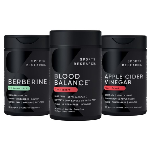[BRSRGGQTPMHQEDI2] Sports Research Blood Control Pack - Blood Balance Iron Supplement - 36 MG Iron + Folate & Vitamin C for Absorption + Berberine 500 mg + Apple Cider Vinegar with Cayenne Pepper