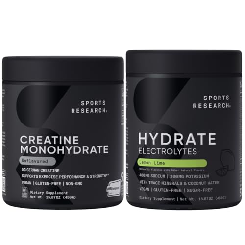 [BRSRGHQBCQNWM3LV] Sports Research® Gym Pro Pack - Creatine Monohydrate Powder w/Creapure Gain Lean Muscle, Improve Performance, Support Workout Recovery + Hydrate Electrolytes Powder with Vitamins, Minerals and Coconut