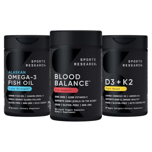 [BRSRGGQQCQHQK2YU] Sports Research Blood Control Pack - Blood Balance Iron Supplement - 36 MG Iron + Folate & Vitamin C for Absorption + Omega-3 Fish Oil 1250 + Vitamin D3 + K2 5000 IU