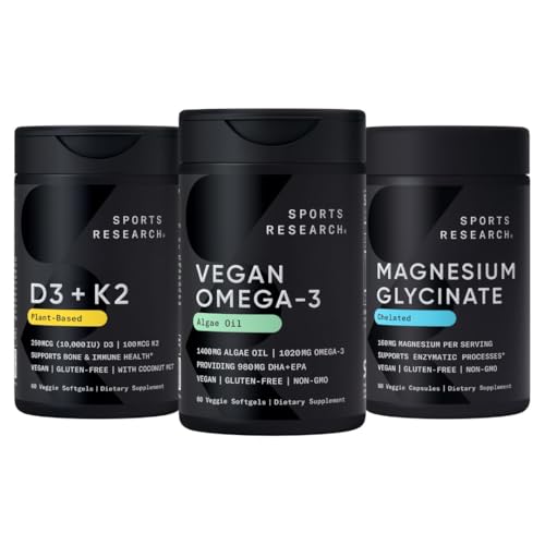 [BRSRGZ3QCB5BYFY7] Sports Research® Vegan Supplements Pack - Vegan Omega-3 Fish Oil Alternative from Algae Oil + Vitamin D3 + K2 + Magnesium Glycinate
