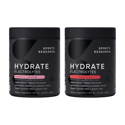 [BRSRAHQFBEOWKAY4] Sports Research Hydrate Electrolytes Powder - Sugar-Free & Naturally Flavored with Vitamins, Minerals, and Coconut Water - Supports Hydration - Raspberry Lemonade & Cherry Pomegranate