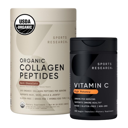 [BRSRGZYTCB4A2FLX] Sports Research® Collagen Pro Pack - Organic Collagen Powder - Hydrolyzed Type I & III + High Potency Vitamin C Supplement