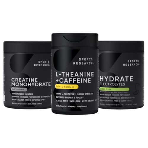 [BRSREBTQC4CRM3Y2] Sports Research® Pre Workout Pack - Creatine Monohydrate 10.58 oz + L-Theanine 200mg with Caffeine + Hydrate Electrolytes Lemon Lime