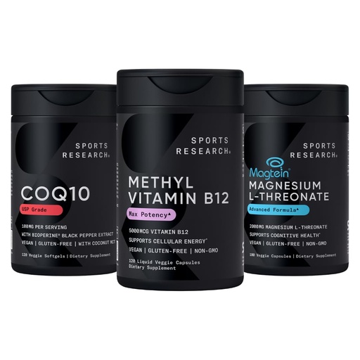 [BRSREAT3DIJR6AIY] Sports Research® Celular Energy Pack - Plant Based Vitamin B12 as Methylcobalamin 5000mcg + CoQ10 100mg Enhanced w/Coconut Oil & Bioperine + High-Absorption Magtein® 2000mg