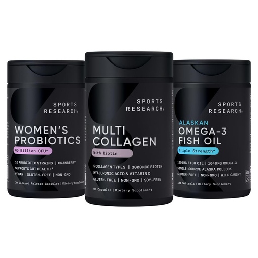 [BRSRECQHO4IAK2D5] Sports Research® for Her Pack - Biotin-Infused Collagen Peptides Complex + Women's Probiotics with Prebiotics + Triple Strength Omega 3 Fish Oil