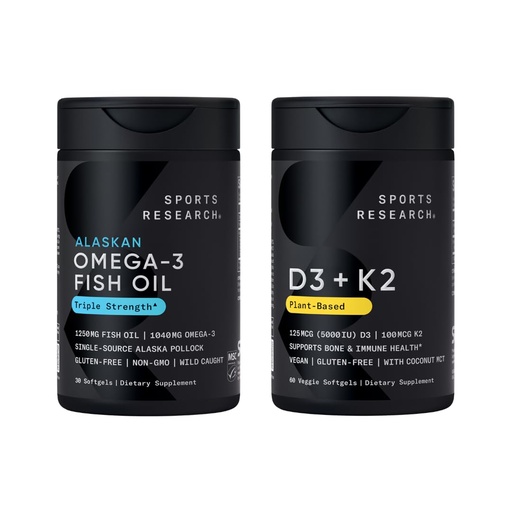 [BRSRAH32BN5RGCI2] Sports Research® Triple Strength Omega 3 Fish Oil 1250mg EPA & DHA from Wild Alaska Pollock Burpless Supplement Sustainably Sourced and Vitamin D3 K2 with Coconut Oil Plant Based Vegan Certified