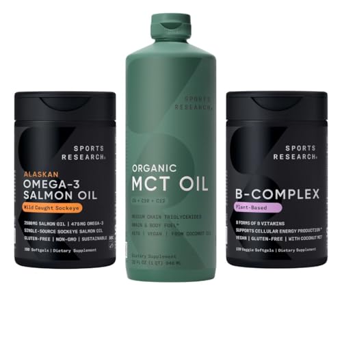 [BRSRGZY2DEJRQE3Z] Sports Research® Supplements Pack - Omega 3 Salmon Oil + Organic MCT Oil + Vitamin B-Complex