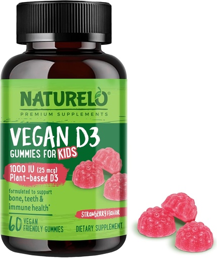 [BRSW2EIDAAFROCYZ] NATURELO Vegan D3 Gummies for Kids - 1000 IU Vitamin D3 - Plant-Based Whole Food Supplement for Children 4 and Older - 60 Vegan-Friendly Gummies