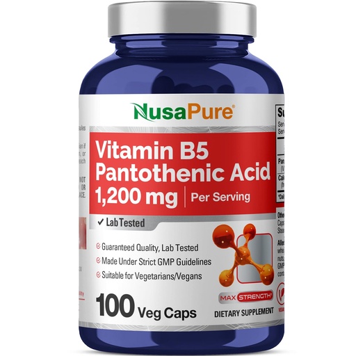 [BRSREZQEDMAWMH34] NusaPure Vitamin B5 Pantothenic Acid 1,200mg Per Serving 100 Caps Vegetarians Vegans, Non-GMO Dietary Supplement