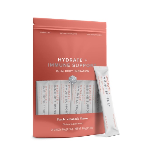 [BRSREGLYOAMGMFLL] Isagenix Hydrate + Immune Support with Whole-Food Sourced C, D Vitamins - Superior Hydration with 1625+ mg of Essential Electrolytes - No Added Sugar Peach Lemonade Flavor 0.2 oz Sticks 24 Servings