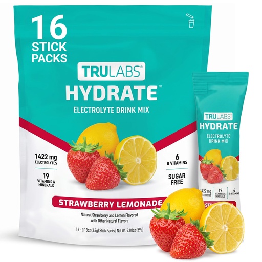 [BRSREGATCQMWCCLK] TRULABS Hydrate Electrolyte Drink Mix – Strawberry Lemon Flavor, Sugar-Free Hydration Packets with 1422 mg Electrolytes & 19 Vitamins & Minerals, Monk Fruit Sweetened, On-the-Go Sticks (16 Count)
