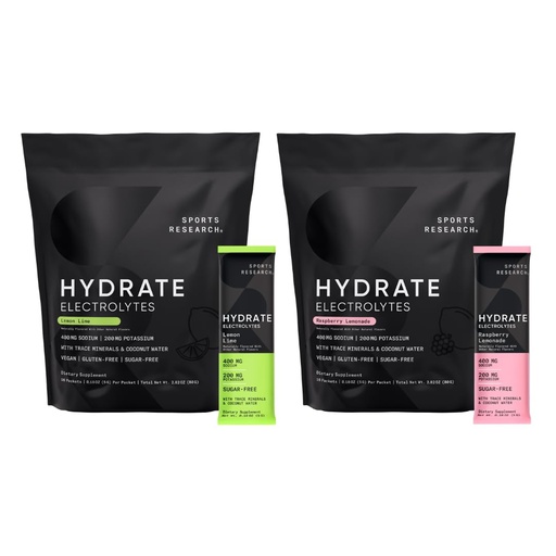 [BRSRAYD6DEMBYE37] Sports Research Hydrate Electrolytes Dynamic Duo - Sugar-Free & Naturally Flavored with Vitamins, Minerals, and Coconut Water - 32 Hydration Packets of Lemon Lime & Raspberry Lemonade