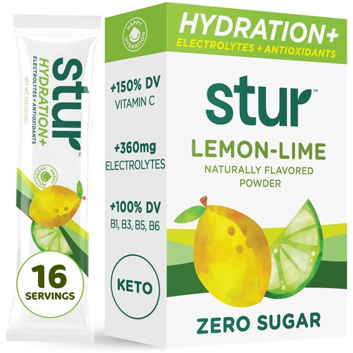 [BRSW2FDRPN5QG3LO] Stur Electrolyte Hydration Powder | Lemon Lime | High Antioxidants & B Vitamins | Sugar Free | Non-GMO | Daily Hydration & Workout Recovery | Keto | Paleo | Vegan (16 Packets)