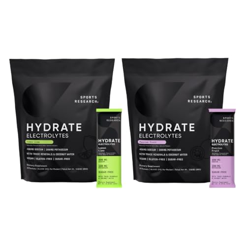 [BRSRAYD6DIOWO3IV] Sports Research Hydrate Electrolytes Dynamic Duo - Sugar-Free & Naturally Flavored with Vitamins, Minerals, and Coconut Water - 32 Hydration Packets of Passion Fruit & Lemon Lime