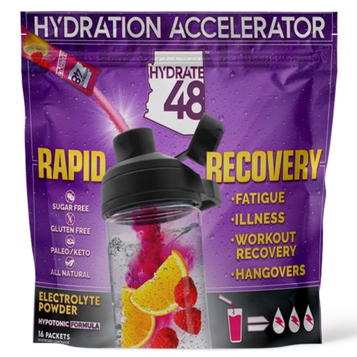 [BRSREAYZAAPA4CTV] Wellgenix Hydrate48 Sugar Free Electrolyte Powder Packets (16ct), Raspberry Lemonade Flavor