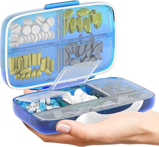 [BRSRMCAZBMDWC23K] Travel Pill Organizer - Airtight Medicine Case for Traveling Portable Pharmacy Box with Labels Vitamin Container 8 Compartment Supplement Medication Holder Large Capacity Daily (Blue)