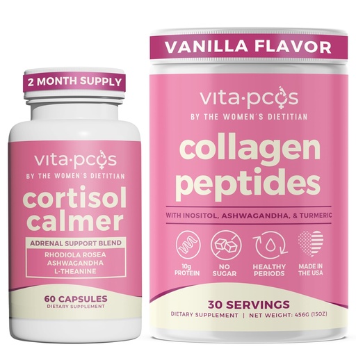[BRSRGFABOF6WE3TX] VITA-PCOS Cortisol Supplement & Collagen Peptides Protein Powder Bundle for Women – Promotes Energy, Endocrine, Hair, Skin, Nails & Weight - Rhodiola Rosea, Ashwagandha, Inositol, Turmeric – 2 Pack