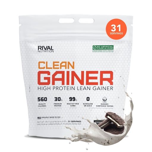 [BRSRGFAYO4GWK33U] RIVAL NUTRITION Clean Gainer Cookies & Cream High-Protein Lean Gainer Powder I 10 Lb, 31 Servings I 560 Calories, 30g Protein, 99g Multi-Source Carbs Per Serving I Natural Flavors, Clean Ingredients