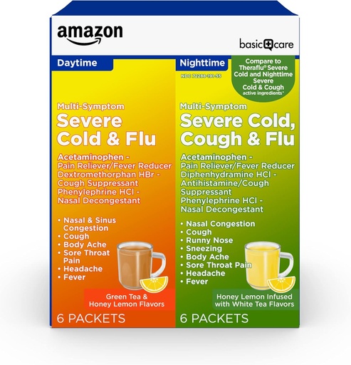 [BRSWGH36AF5WGYLK]   Basic Care Severe Cold, Cough and Flu Medicine Powder Packets, Daytime and Nighttime Combination Pack, Green Tea & Honey Lemon, 12 Count
