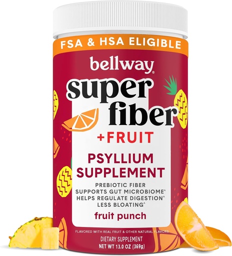 [BRSRACA6AABAY2T2] Bellway Super Fiber Powder + Fruit, Sugar Free Organic Psyllium Husk hauts zuntz gehigarria erregulartasunerako, Bloating Relief & Digestive Health, Plant-Based, Fruit Punch (50 zerbitzatu)