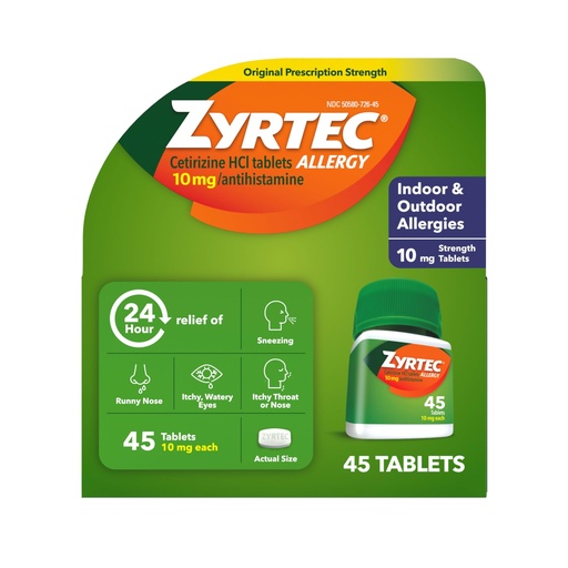 [BRSWKGD5CYMBE33I] Zyrtec 24 Hour Allergy Relief Tablets, Indoor & Outdoor Anti Allergy Medicine with 10 mg Cetirizine HCl per Antihistamine Tablet, Relief from Runny Nose, Sneezing, Itchy Eyes & More, 45 ct