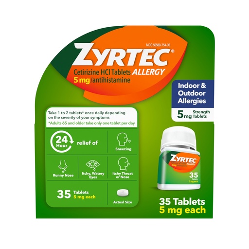 [BRSREYADCEFQECTA] Zyrtec 24 Hour Allergy Relief Tablets, Indoor & Outdoor Allergy Medicine for Adults with 5 mg Cetirizine Hydrochloride, Relief of Runny Nose, Sneezing, Itchy Eyes, Plus Dust, Mold & Pet Dander, 35 ct