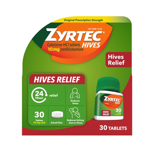 [BRSREYADBYIAGDTK] Zyrtec 24 Hour Hives Relief Tablets, 10 mg Cetirizine HCl Tablets to Help Reduce Hives & Reduce Itching Due to Hives, Antihistamine Tablets for Itch Relief & Treatment of Urticaria, 30 ct