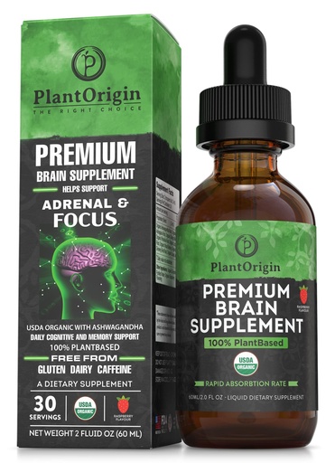 [BRSW2BQNOEIAKGT5] PLANTORIGIN-USDA Organic Liquid Brain Supplement – Plant-Based Nootropic Drops for Focus, Memory & Mental Clarity – Vegan, Non-GMO, Caffeine-Free, Ashwagandha, Ginseng, Ginkgo, Rhodiola – Made in USA