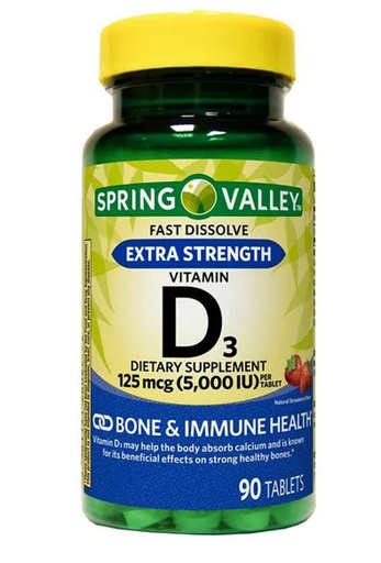 [BRSRMHQDOYMB6H3P] Spring Valley Extra Strength Vitamin D3 Fast Dissolve Tablets Dietary Supplement, 125 mcg (5,000 IU), Strawberry Flavor, 90 Count