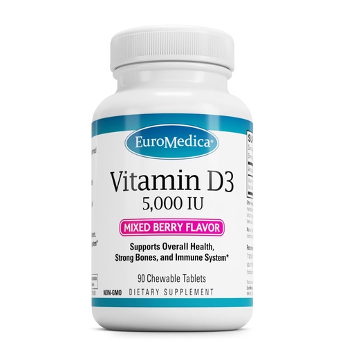 [BRSWIE37CYEAC3DU] EuroMedica Vitamin D3, Mixed Berry - 90 Chewable Tablets - 5000 IU Vitamin D3 - Supports Overall Health, Strong Bones & Teeth, and Immune System Function - 90 Servings