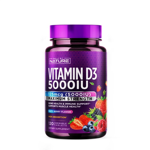 [BRSRAYIDAUCWOFLH] Built by Nature Chewable Vitamin D3 5000 IU - Vitamin D Supplement Chews – Sugar Free & Natural Berry Flavor - 120 Tablets