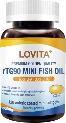 [BRSROZ3RPMHRSFD5] Lovita rTG 90 Mini Fish Oil, 2000mg Daily| High Absorption rTG Form, 90% Omega-3 | Burpless, Easy to Swallow | Support Healthy Heart, Brain and Eyes | 120 Enteric-Coated Softgels