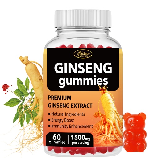 [BRSREYAQOUPRMELV] 60 Count Asian Panax Ginseng Gummies 1500mg Supplements for Men and Women, Energy Maca Ginseng Root Extract Gummies for Memory & Immunity Support, Pectin-Based Apple Flavored Chews Gummy