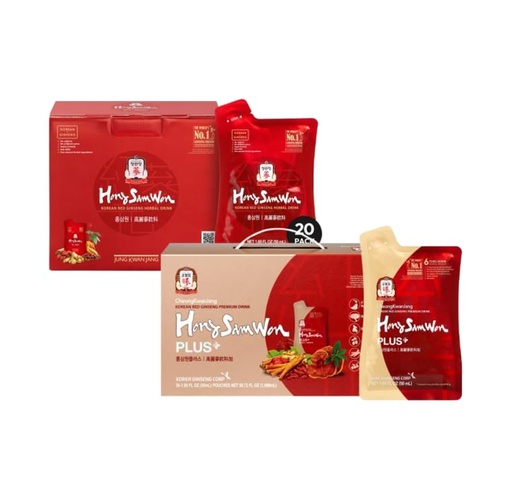 [BRSRG2QQCIIQIYLB] JUNG KWAN JANG Hong Sam Won + Hong Sam Won Plus Korean Red Ginseng Drink | Energy Drink, Pre Workout, Herbal Tea, Ginseng Supplement | Hong Sam Won 20 Pouches + Hong Sam Won Plus 30 Pouches