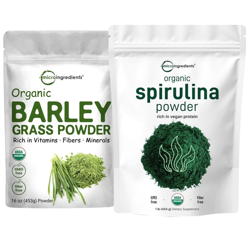 [BRSROZA6DEBWMEQ3] Micro Ingredients Organic Spirulina Powder 1lb & Organic Barley Grass Powder 16oz Bundle 2 Pack | Raw Superfoods | Rich in Vegan Protein, Fibers, Minerals, & Vitamins