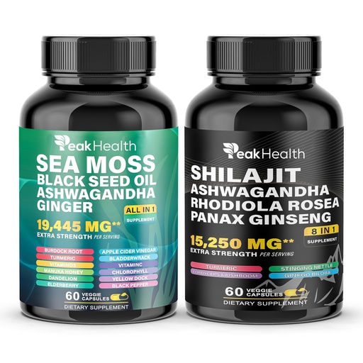 [BRSRAAAFA4ORQ3A2] Peakhealth Shilajit Sea Moss Black Seed Oil Ashwagandha Capsules for Man Woman,2 Bottle Combo with Turmeric, Panax Ginseng, Rhodiola,Herbal Formula,Energy & Immune Support, 60 Capsules