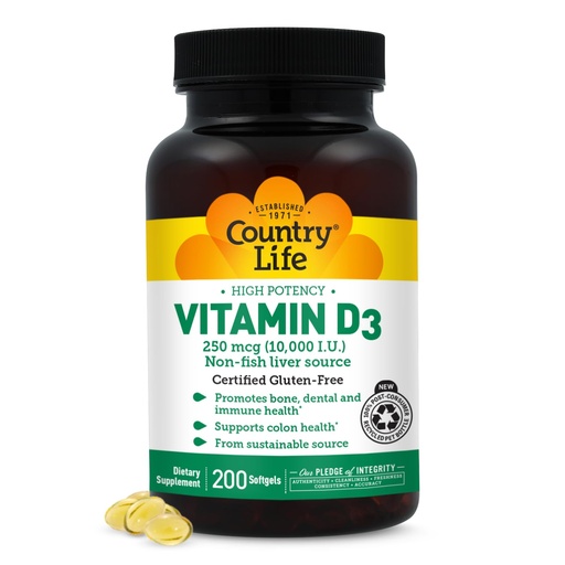 [BRSWGYABCICBAETH] Country Life Vitamin D3 10,000 IU – High Potency Non-Fish Source – Bone & Immune Support – Certified Gluten-Free – 200 Softgels