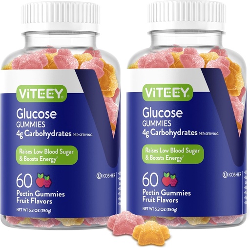 [BRSROCD4B4HBGETO] Viteey Glukóza Gumies - 4g sacharidy - Rýchle pôsobenie alternatíva k Glukózové tablety - Energetika a podpora krvného cukru - Vegan, bez lepku, bez želatíny - 120 Počet