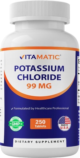 [BRSREGL4BAARA2TU] Vitamatic Potassium 99mg – 250 Tablets – Potassium Chloride for Muscle, Heart & Nerve Function – Electrolyte Support – Non-GMO, Gluten-Free