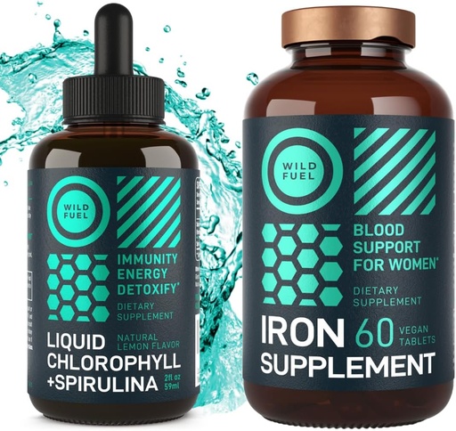 [BRSROCAPOVYQA33D] WILD FUEL Iron Tablets for Women with Folic Acid and Liquid Chlorophyll with Spirulina Female Health and Detox Bundle