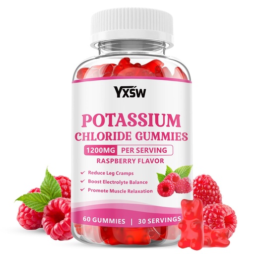 [BRSREHT3O56BYA3B] Potassium Gummies for Adults, Potassium Chloride 1200mg, Potassium Supplement for Women & Men, Supports Electrolyte Balance & Muscle Health, Sugar-Free, Raspberry Flavor, 60 Count