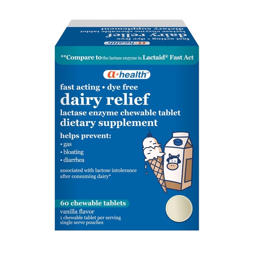 [BRSREAQDOACQ2E3B] A+Health Dairy Relief Lactase Enzyme 9000 FCC Chewable Tablets, 60 Count, Fast Acting, Dye-Free, Dietary Supplement, Vanilla Flavor, Single Serve Pouches, for Adults and Children 4 Years and Up