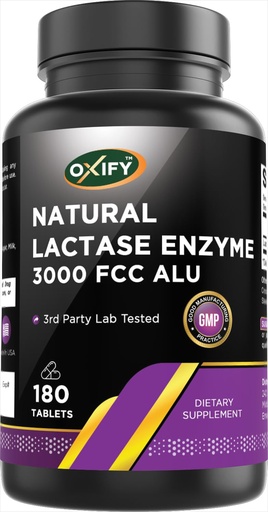 [BRSREAT2B4FRU3TO] Oxify Lactase Enzyme 3000 FCC ALU | 180 Tablets | Gluten-Free, Non-GMO | Supplement Made in USA