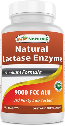 [BRSWIG33CB6QKF3C] Best Naturals Lactose Intolerance Relief Tablets with Natural Lactase Enzyme, Fast Acting High Potency Lactase, 9000 FCC ALU, 180 Count