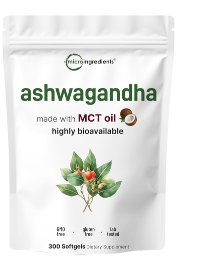 [BRSRAGL7OZYGEFIV] Micro Ingredients Ashwagandha Supplements | 300 Coconut MCT Oil Softgels with Black Pepper for Better Absorption | Potent Root Extract | Non-GMO