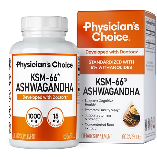 [BRSWGAL6OUCGAHIY] Physician's CHOICE KSM-66 Ashwagandha Root Powder Extract 1,000mg - Organic - with Black Pepper for Maximum Absorption - 5% Withanolides - Stress, Mood & Athletic Support - 60 Vegan Capsules