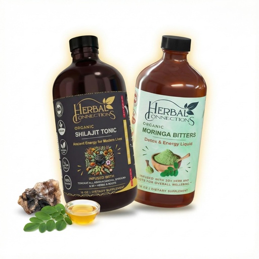 [BRSRGZLRBEHQKF3O] Herbal Connections Shilajit & Moringa Bitters Bundle - Himalayan Fulvic Acid + African Superfood - Energy, Detox & Digestive Support - 2 Pack 16 Oz Bottles - USA Made