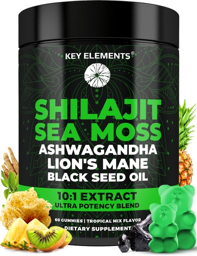 [BRSRA233CACRMDL3] Organic Shilajit Gummies with Sea Moss Gummies - Shilajit Supplement for Immune Support - Pure Himalayan Shilajit and Ashwagandha with Sea Moss and Shilajit, Lion’s Mane Extract and Black Seed Oil